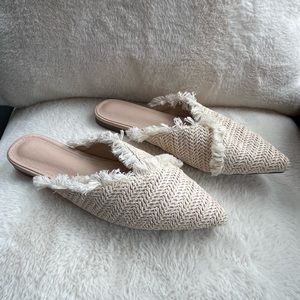 Tan woven frayed mules